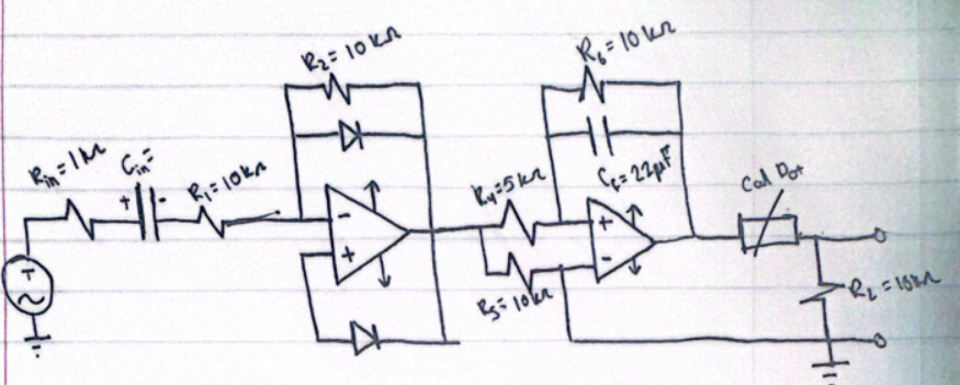 Hand-drawn schematic of the wide-range AC voltmeter circuit showing op-amp stages, capacitor, and calibration output