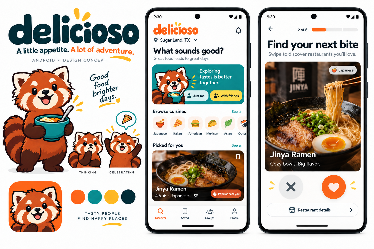 Delicioso Android design concept featuring the Delicioso logo, red panda mascot, and mobile app interface screens