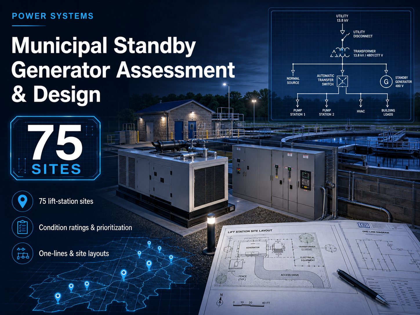 Municipal standby generator assessment and design graphic showing a lift-station generator, switchgear, one-line diagram, and 75-site map